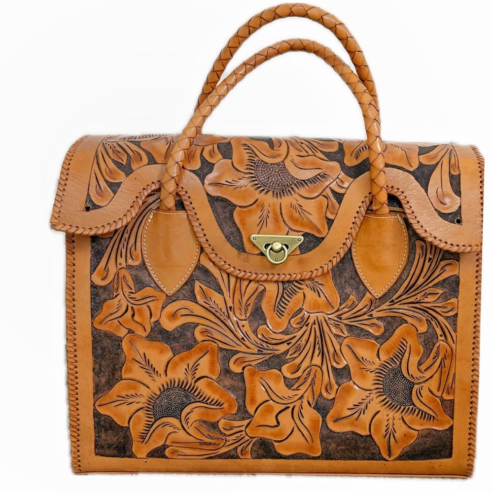 Handcrafted Floral Leather Bag - Brown